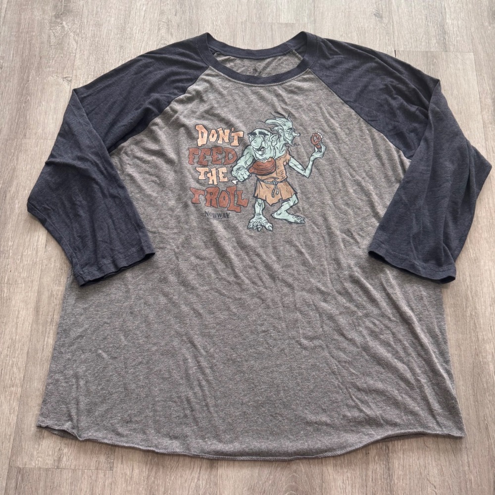 Disney Parks Epcot Norway Don't Feed The Troll Raglan Shirt XL Gray Navy Blue